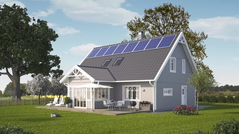 Illustrerad bild på ett grått trähus ståendes på en grön gräsmatta som pryds av solceller på husetstaket. 