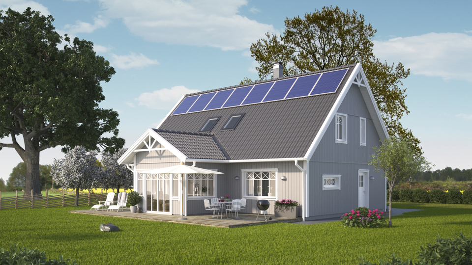 Illustrerad bild på ett grått trähus ståendes på en grön gräsmatta som pryds av solceller på husetstaket. 