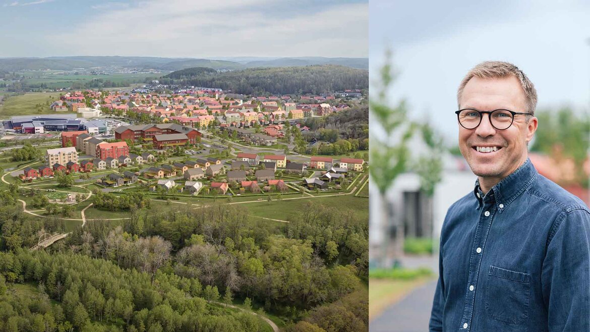 Johan Winroth på bild tillsammans med en bild på vår trädgårdsstad.