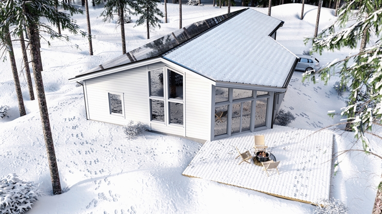 Illustrerad bild från ett fågelperspektiv på ett vit hus i en vintermiljö som omfamnad av en barrskog. 