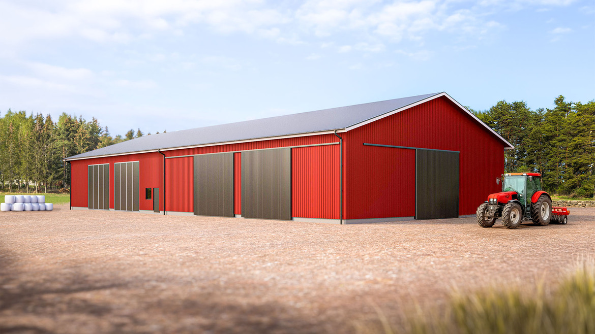 En illustrerad röd maskinhall. 