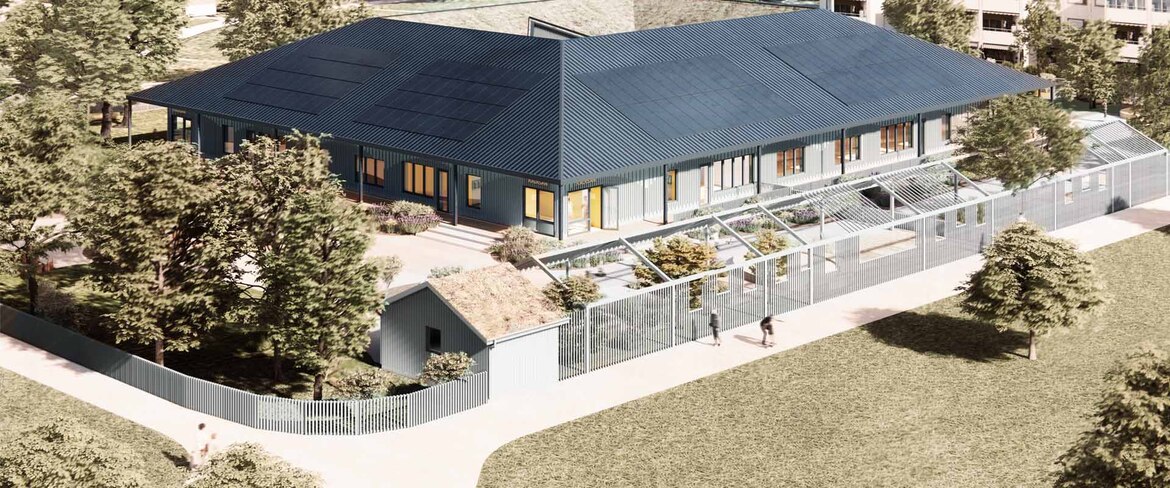 Illustrerad bild ovanifrån på hela byggprojektet Rädisan, placerad i en grönskande svensk sommarmiljö. 