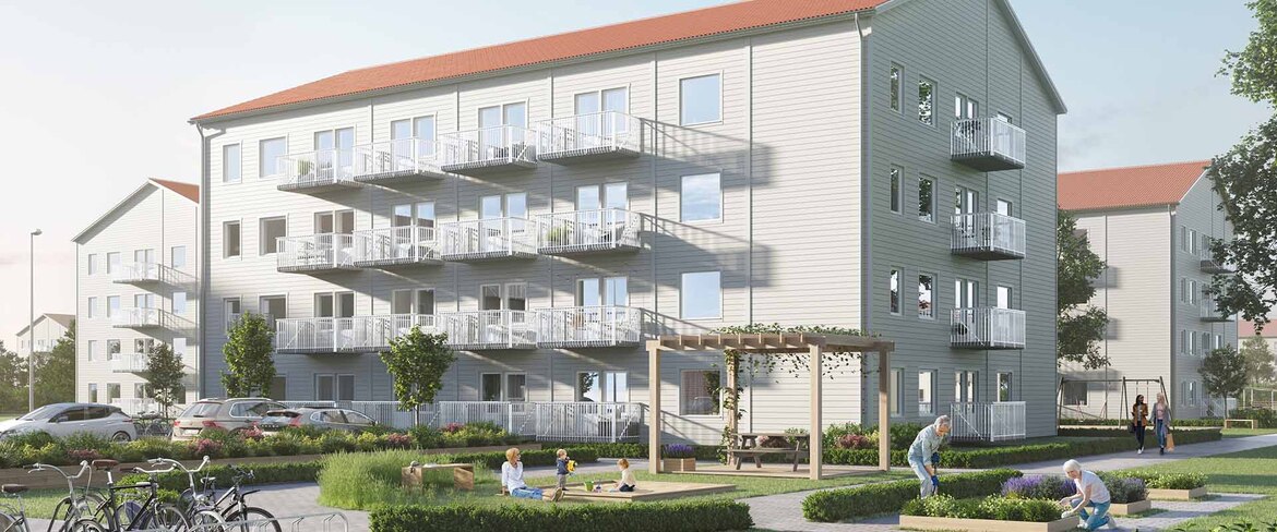 Illustration på punkthus i Vendelsö med fyra våningar i ett grönskande. 