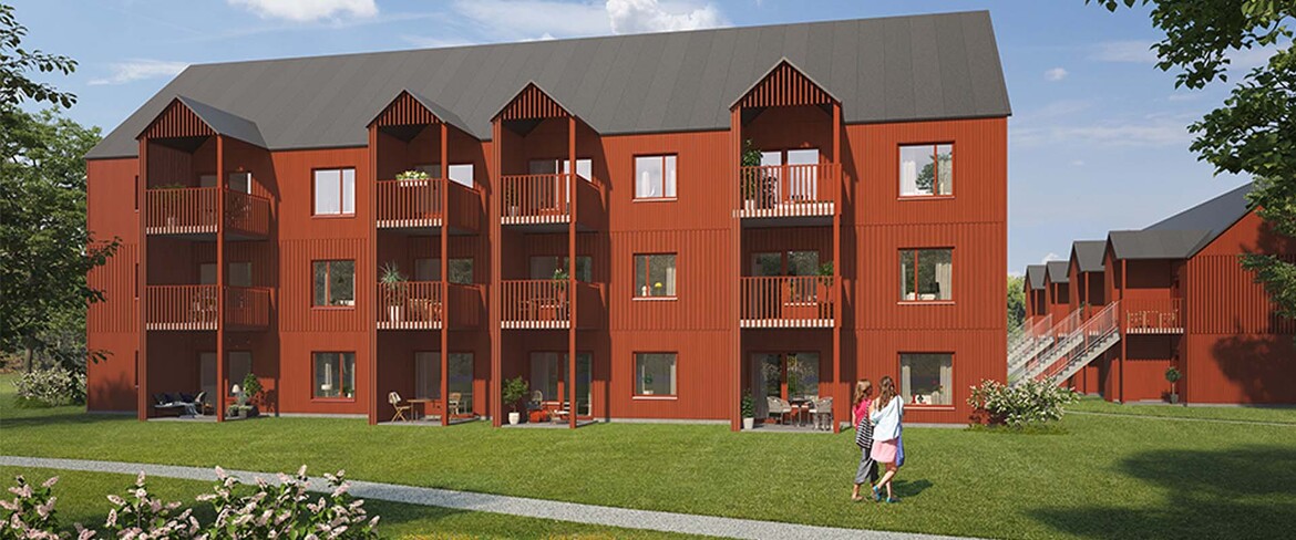 Illustration på ett rött lamellhus i ett grönskande område.  